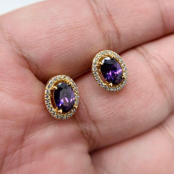 925 Sterling Silver CUBIC ZIRCONIA STUDS, Purple Stone Stud Earrings - Picture 7 of 10